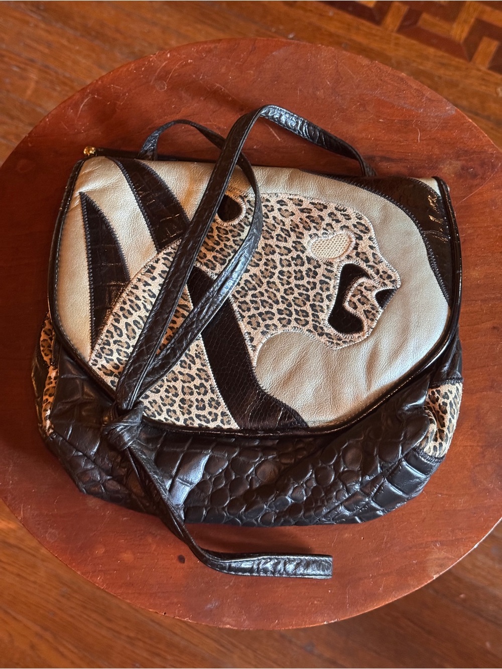 Fifth Ave Leopard Applique Leather Shoulder Bag in Brown and Cream - Picture 2 of 5